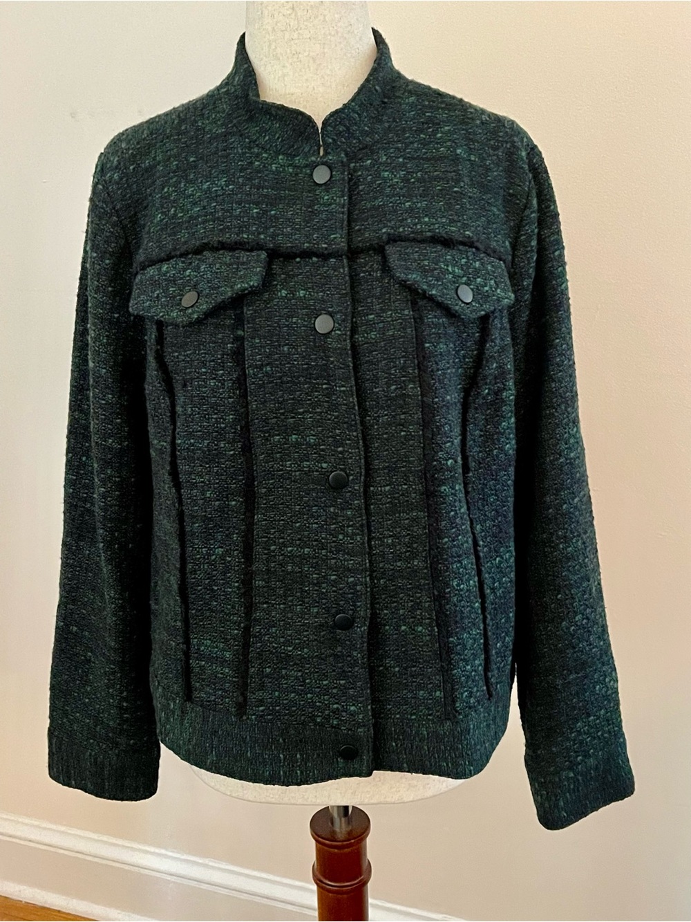 J.Jill Tweed Snap Front Jacket Hunter Multi Green Cotton Blend Size S